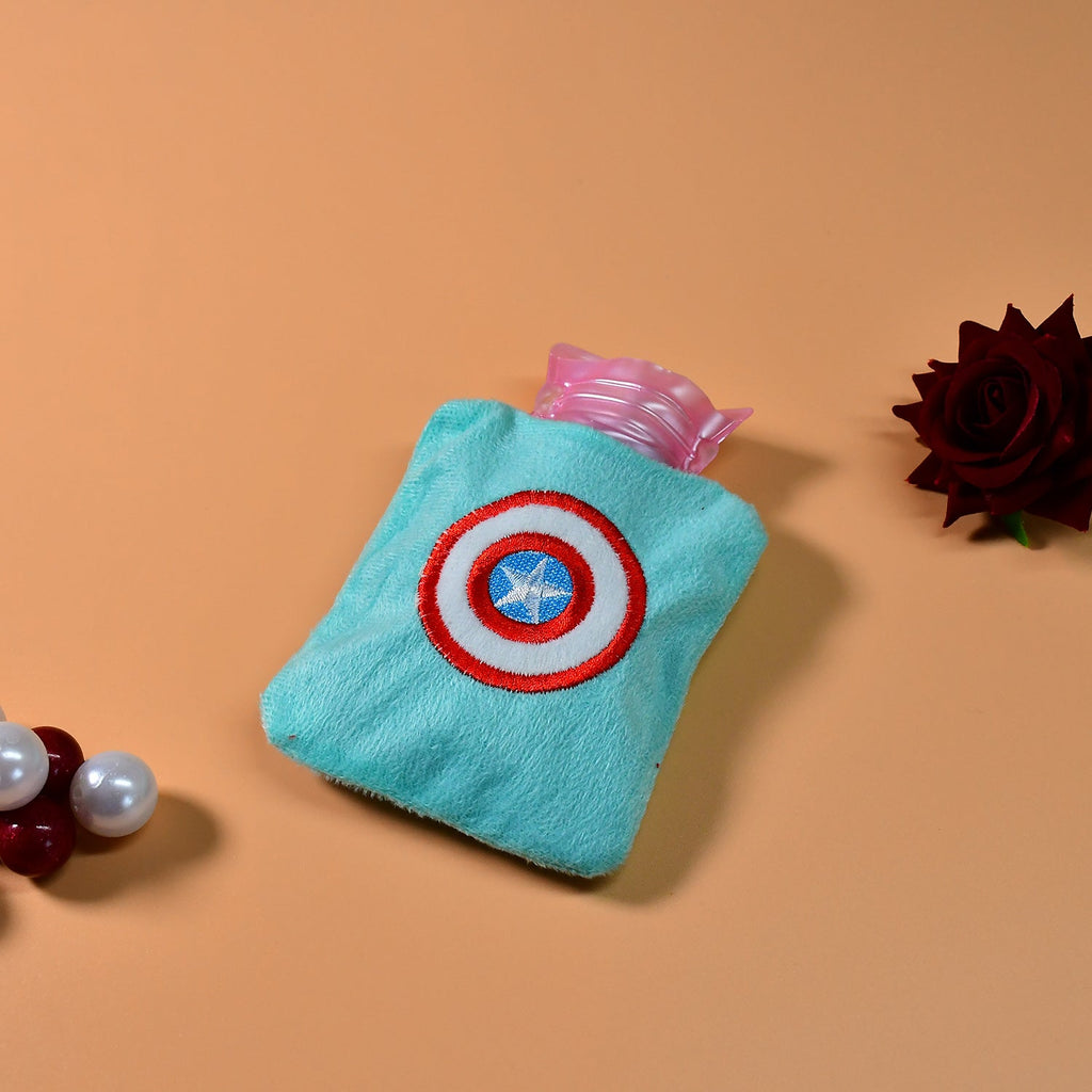 Small Captain America hot water bag showing its secure, leak-proof screw cap.