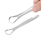 Stainless steel tongue scraper shown with its protective travel case.