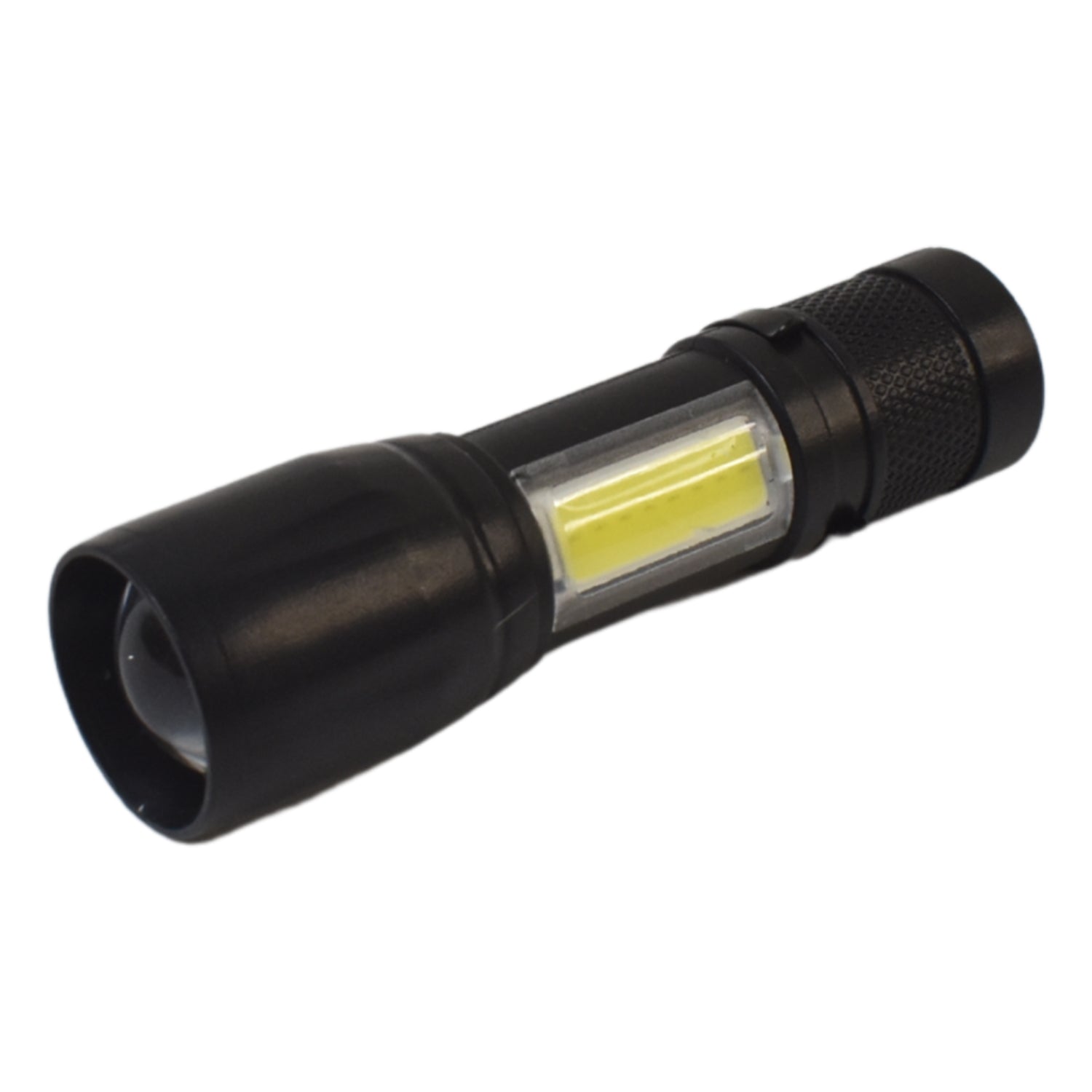 USB charging port on the base of the compact rechargeable flashlight.