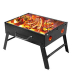 Family enjoying a backyard barbecue with the Siplix folding charcoal grill.