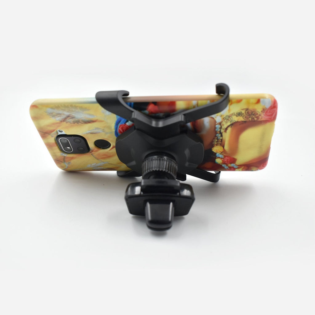Close-up of a car air vent mount with an adjustable grip for various phones.
