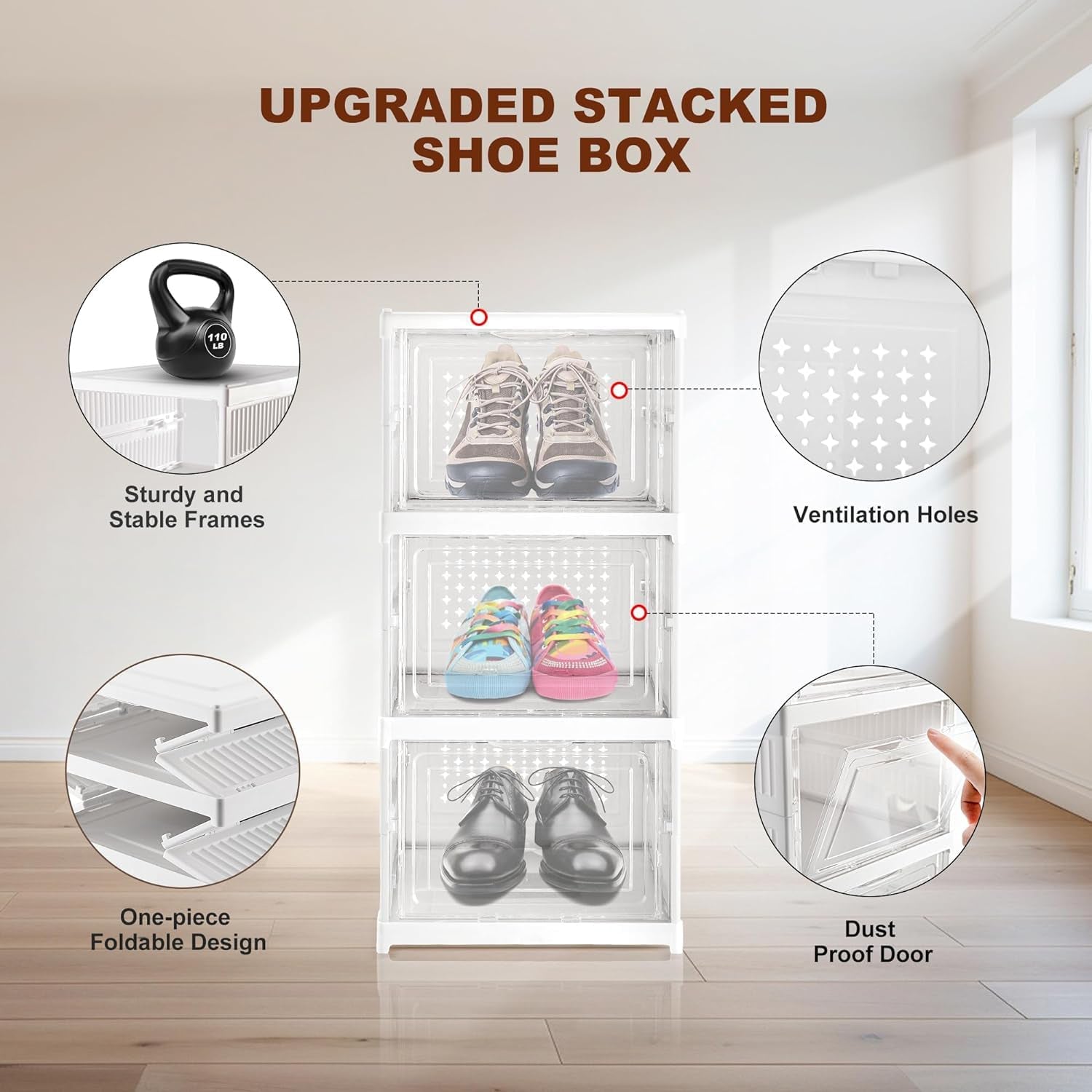 Plastic stackable storage rack used for organizing folded clothes in a closet.