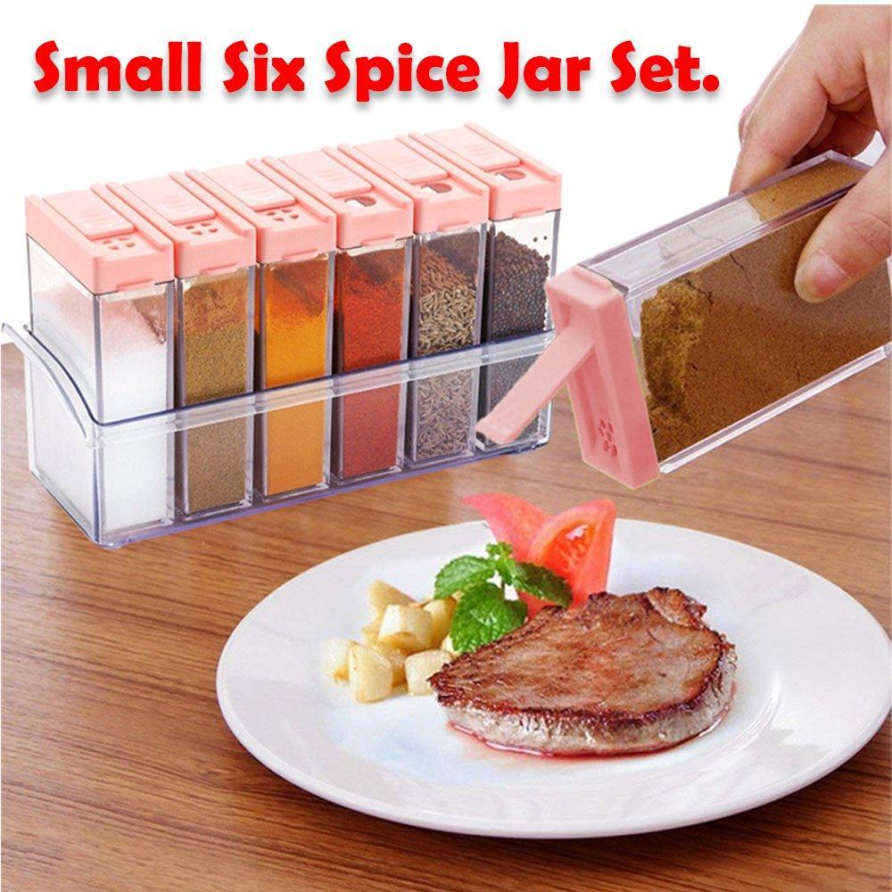 Complete set of six plastic spice jars in assorted vibrant colors.