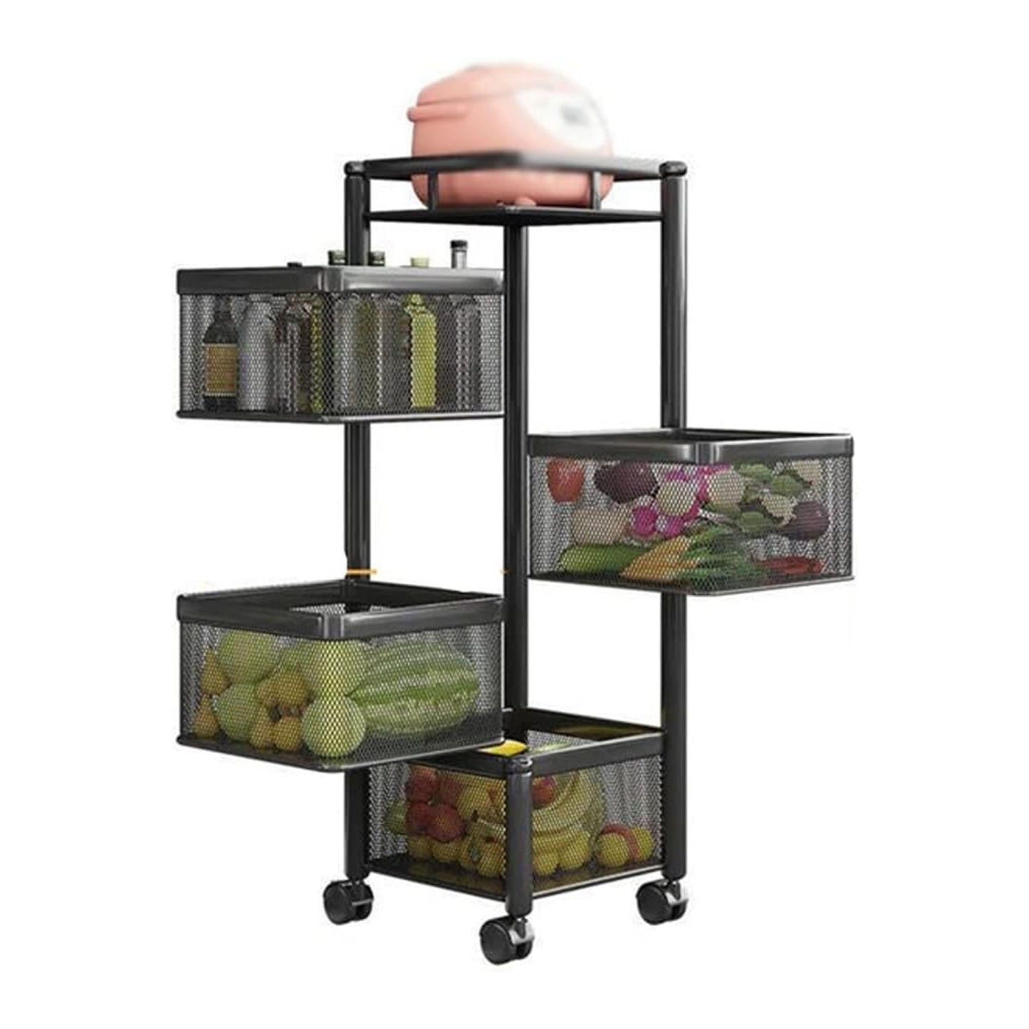A portable 4-layer kitchen storage trolley with translucent mesh baskets, ideal for easy access.
