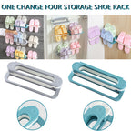 Multipurpose rack demonstrating use for hanging towels and small clothes items.