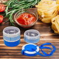 Blue 3-layer insulated tiffin set standing upright.