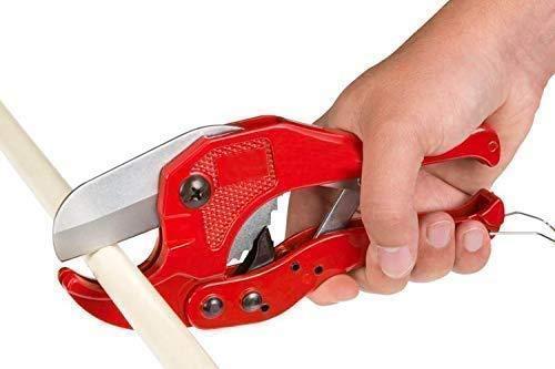 Bright red PVC pipe cutter, a compact and essential tool for plumbing.