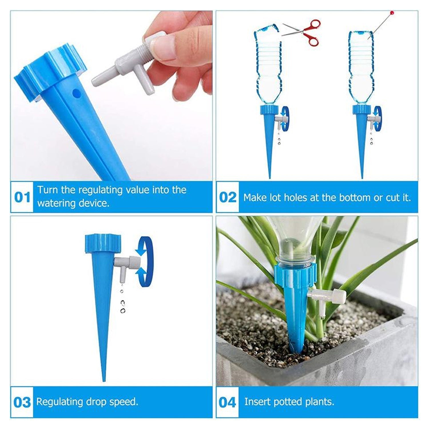 Detailed view of the adjustable water dripper with its control valve for plant care.