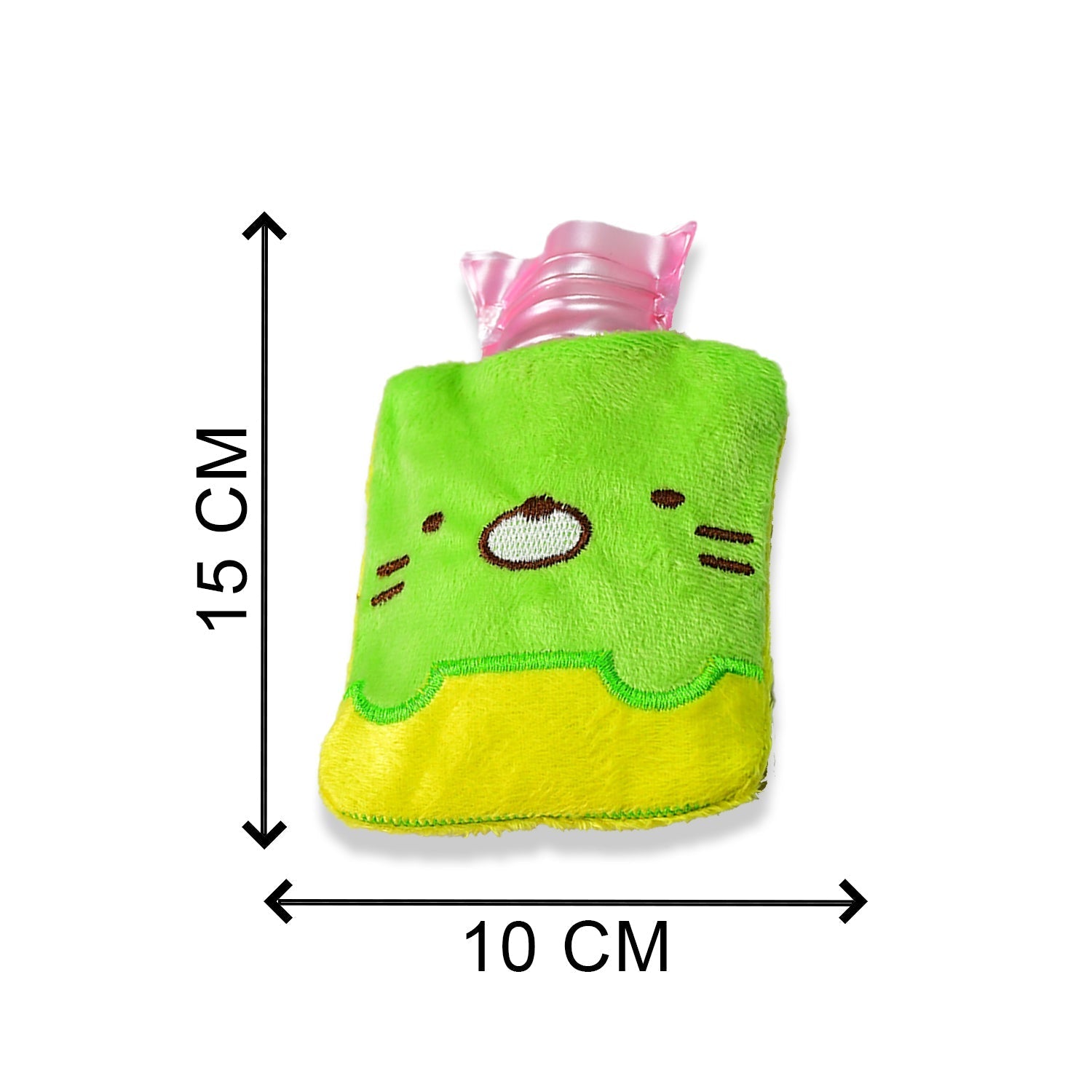 Green Kitty Hot Water Bag in use, providing soothing warmth and comfort.