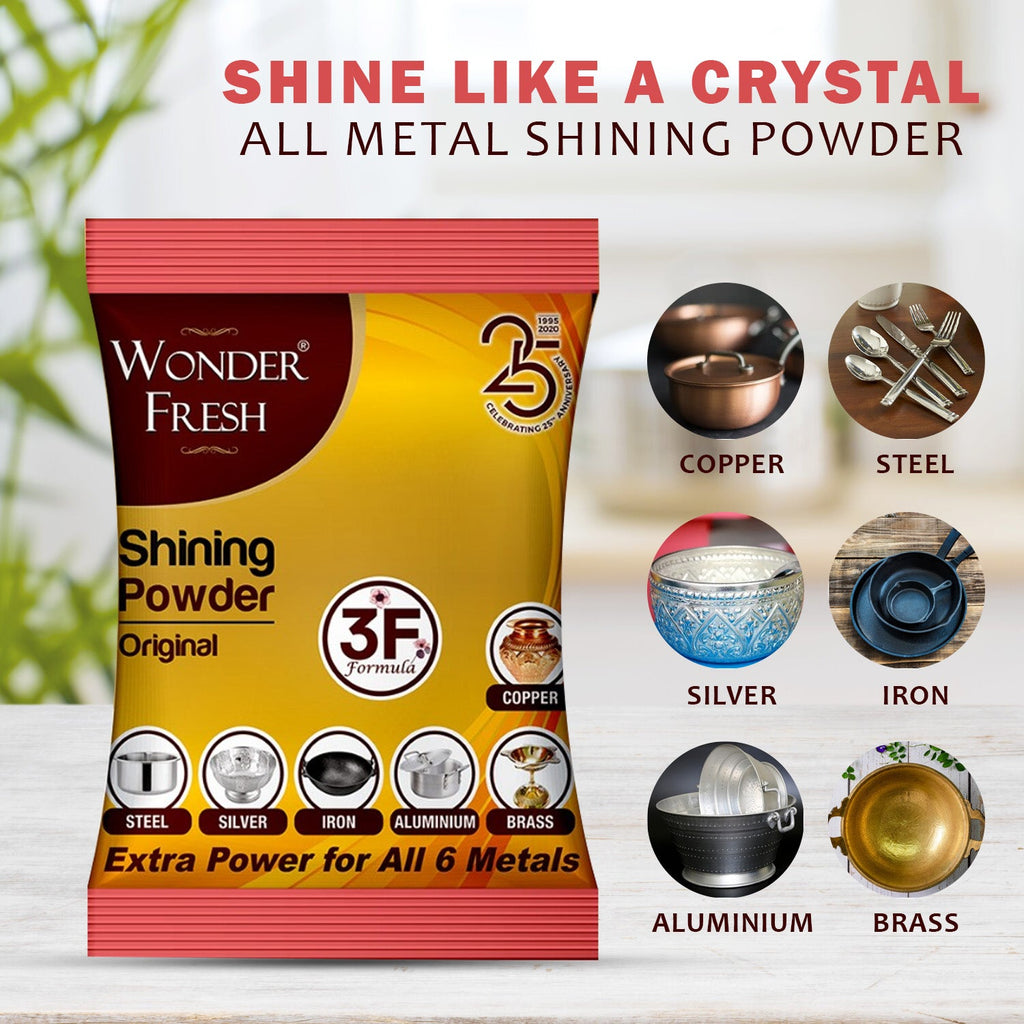 Wonder Fresh Metal Polishing Powder next to sparkling cleaned metal items.