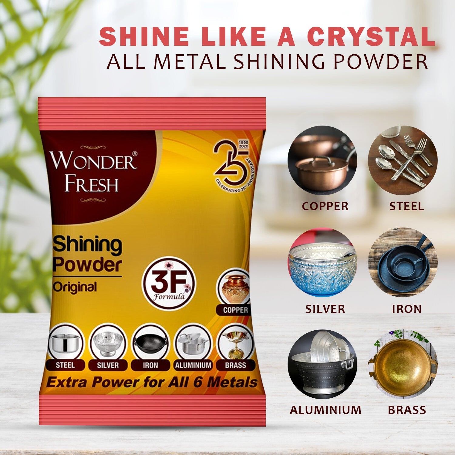 Wonder Fresh Metal Polishing Powder next to sparkling cleaned metal items.