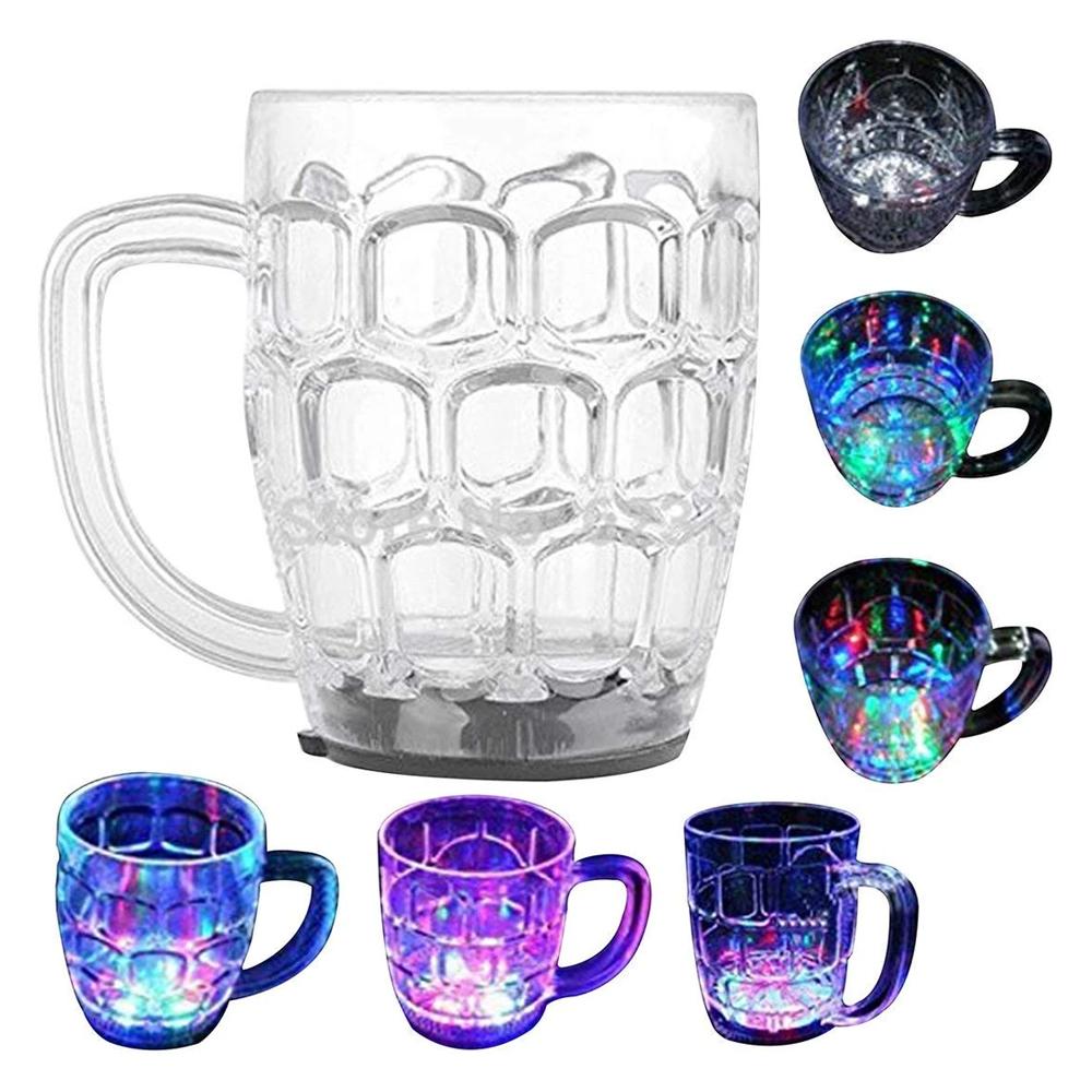 Hand holding an LED glass cup, highlighting its dynamic colour changes.