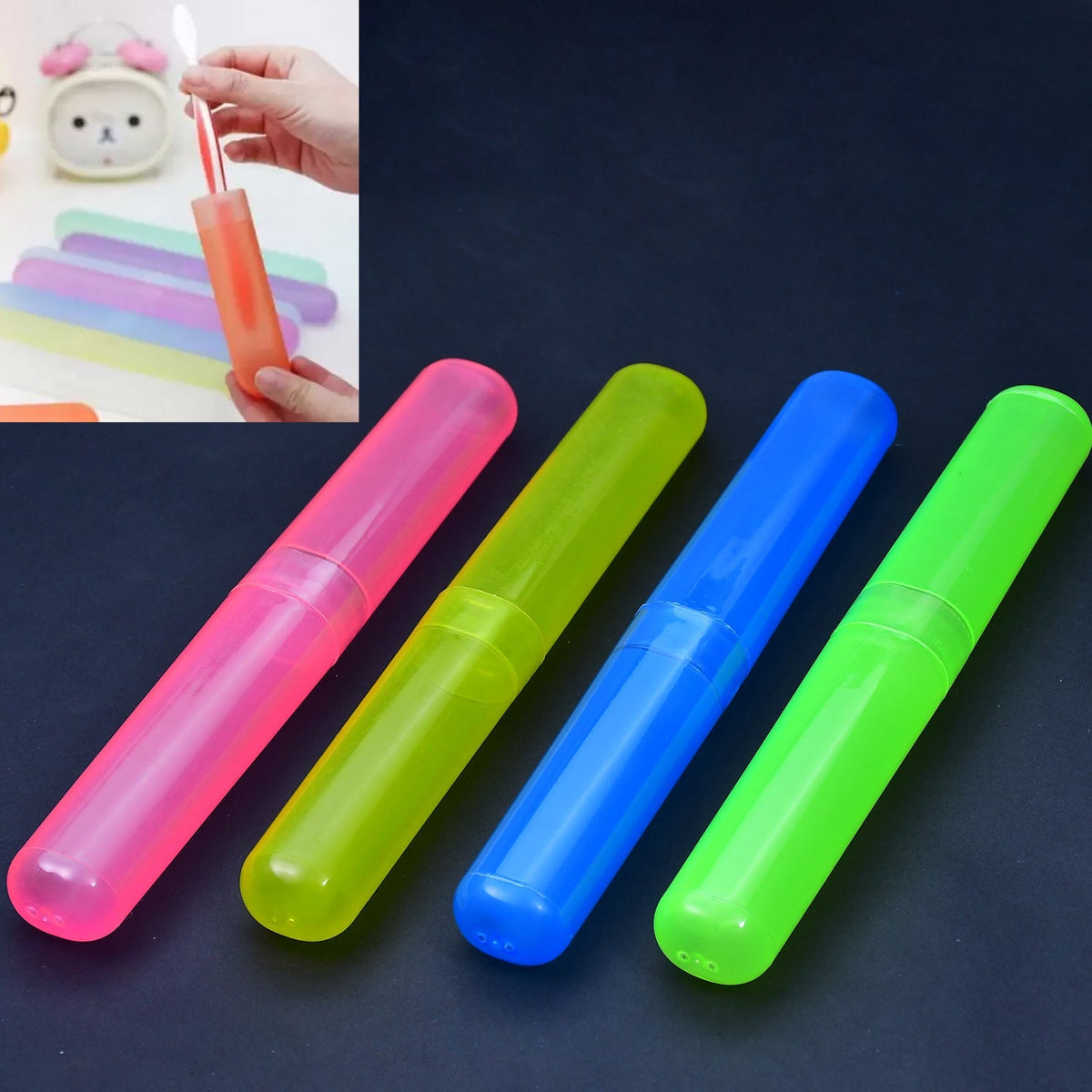 Four anti-bacterial toothbrush covers in plastic, displayed for travel.