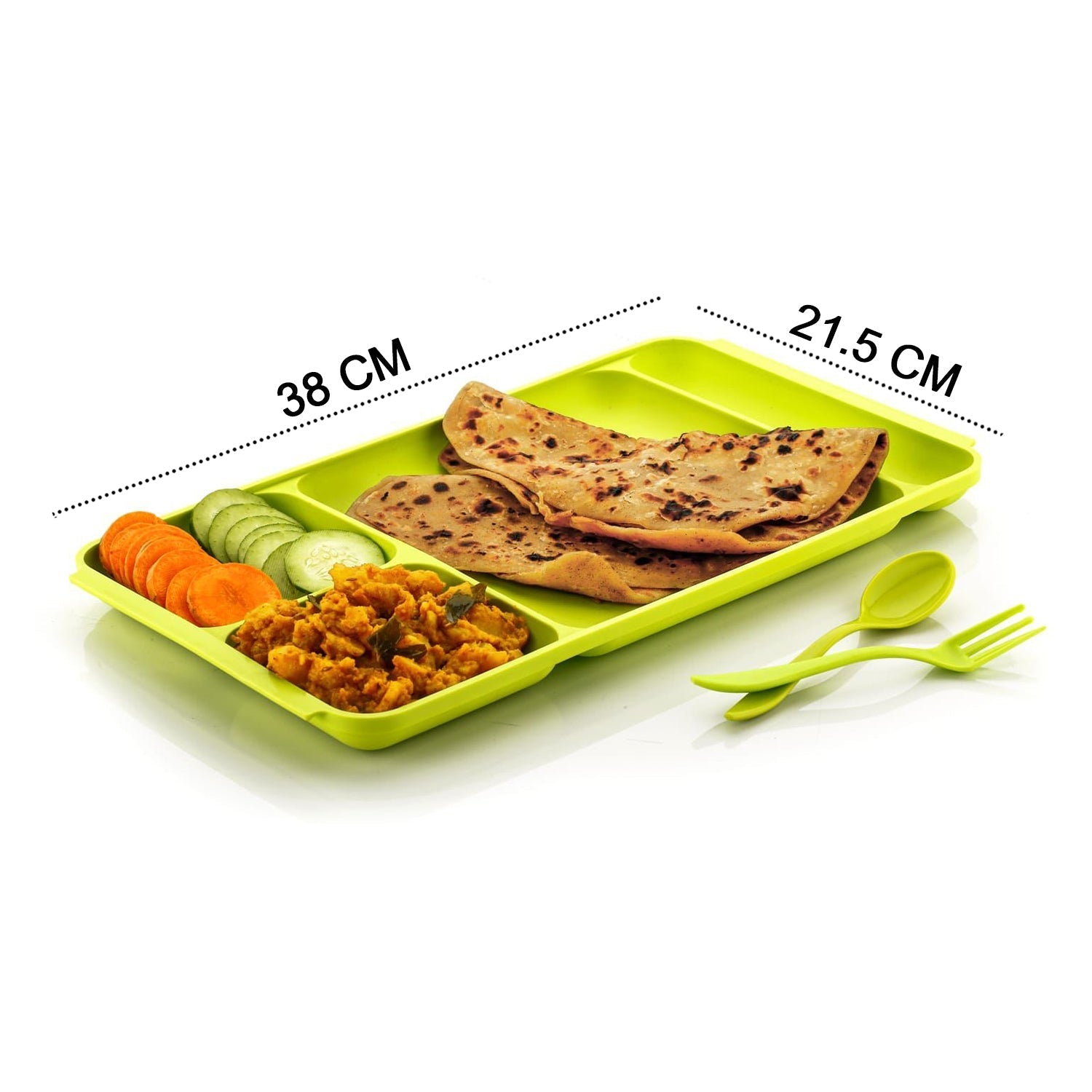 Convenient plastic dinner plate with 4 compartments, spoon, and fork.