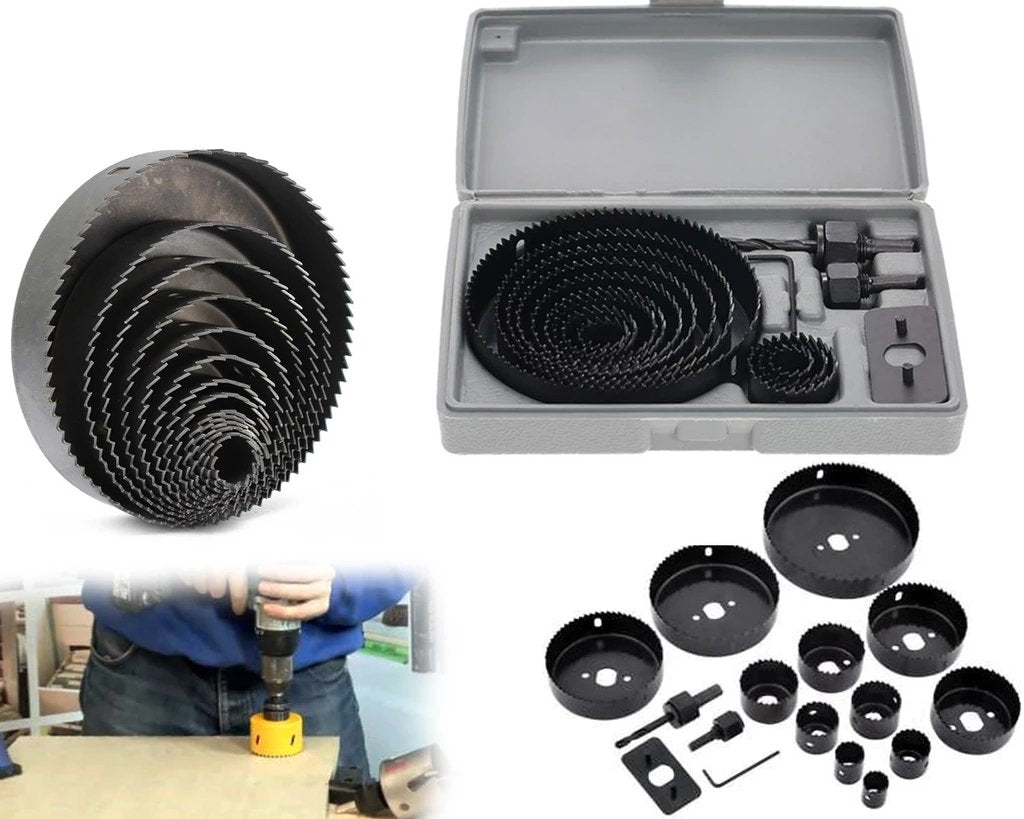 Close-up of the 16-piece Hole Saw Drill Bit Set components, including mandrels and hex key.