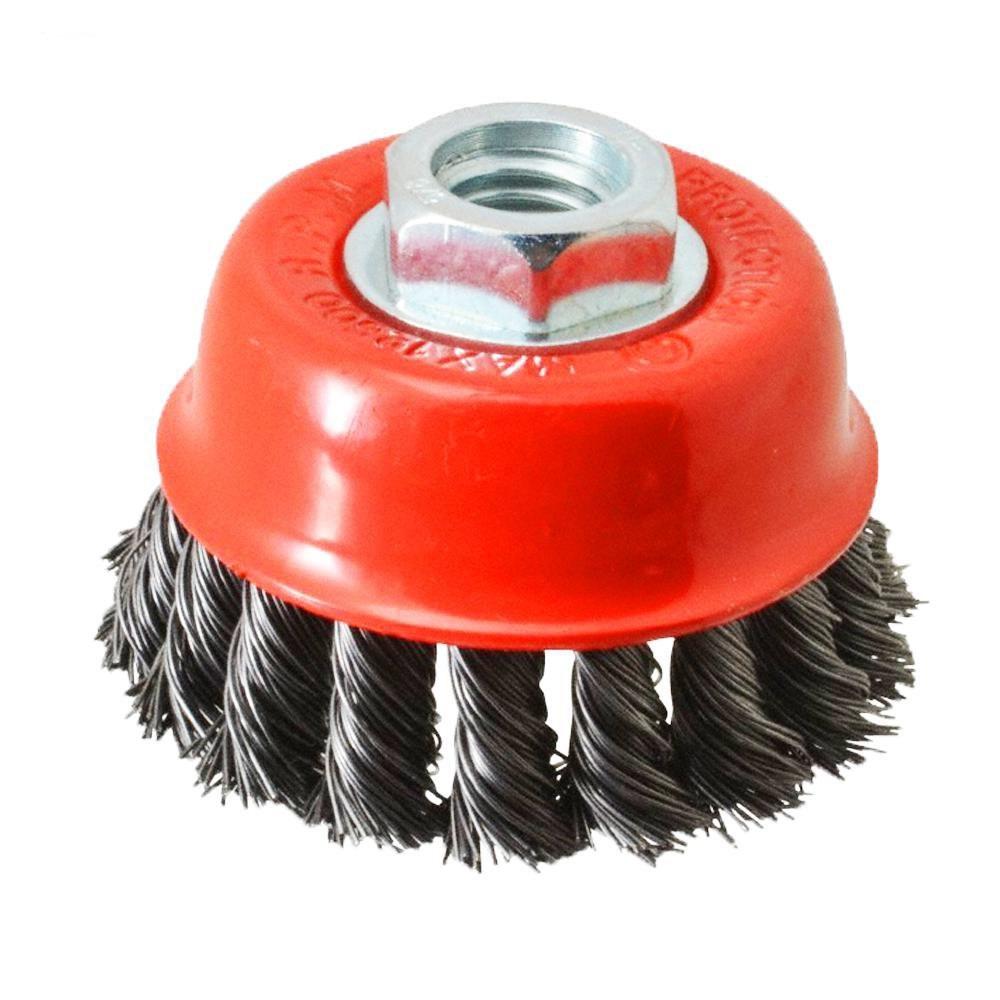 Black wire wheel cup brush for efficient rust and paint removal.