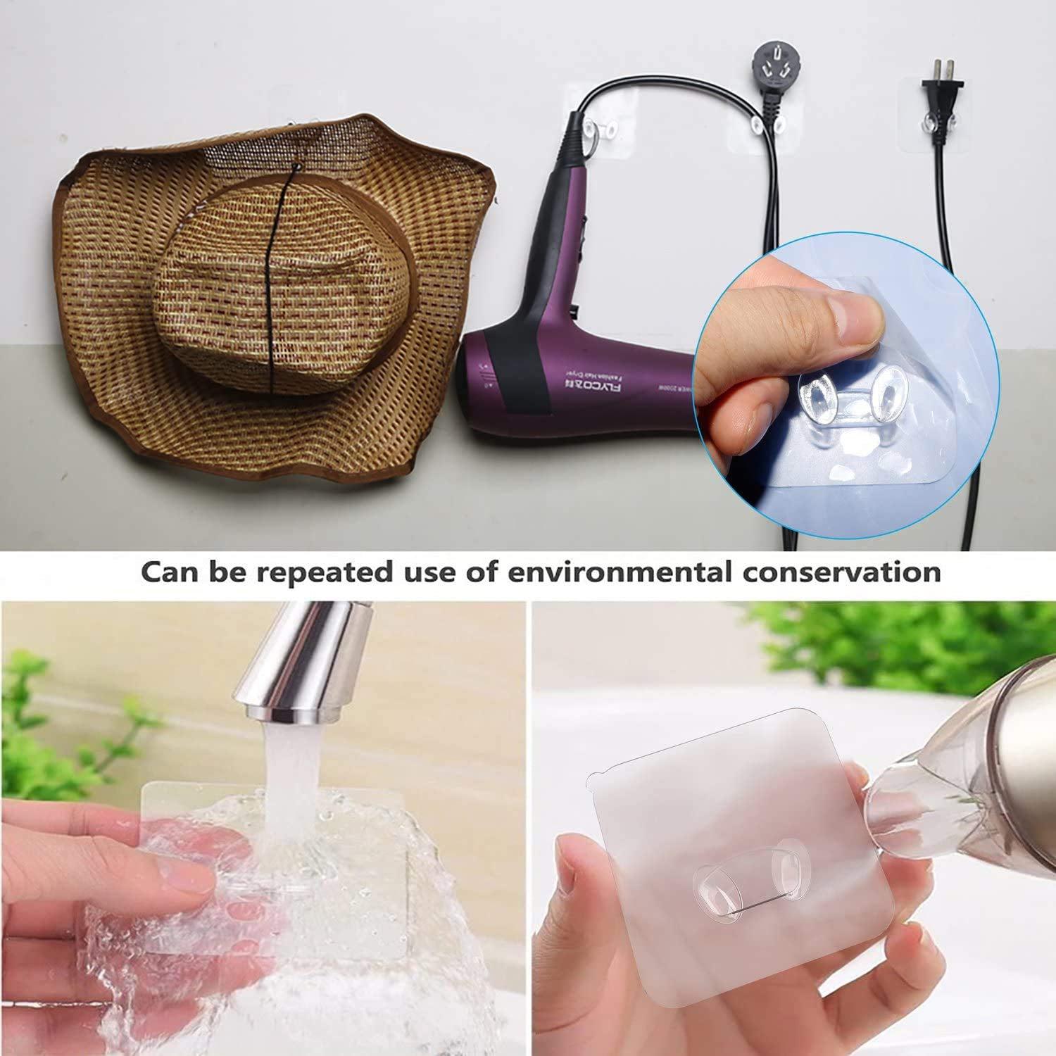 Multiple clear wall storage hooks attached to a wall, holding various household items.