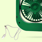 Rechargeable fan showcasing its power input for easy charging.