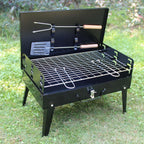 Friends enjoying a backyard BBQ with the easy-to-use portable charcoal grill.