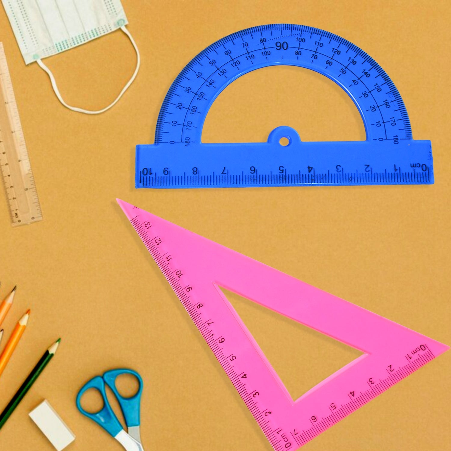 Plastic drafting rulers and protractor in the geometry set