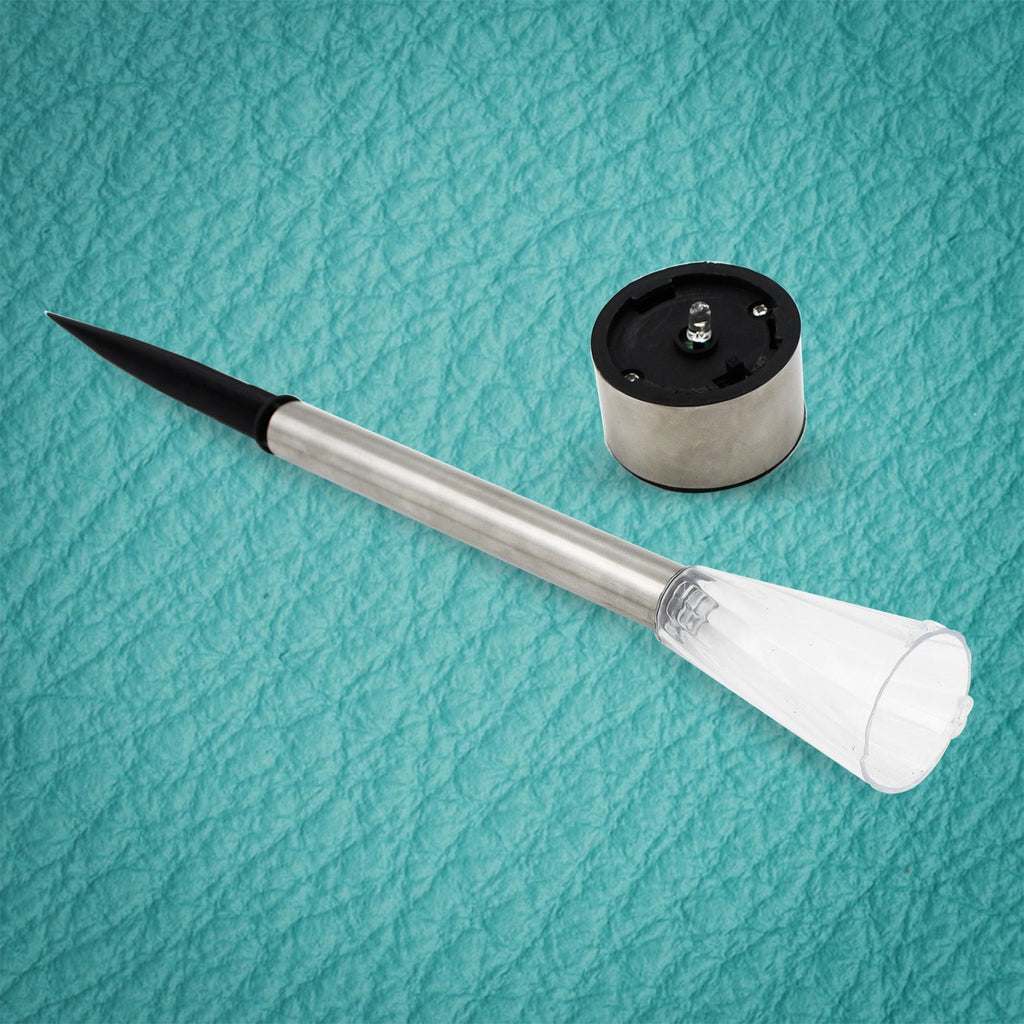 Close-up of a Solar LED Spike Light head with bright LED, perfect for garden and lawn.