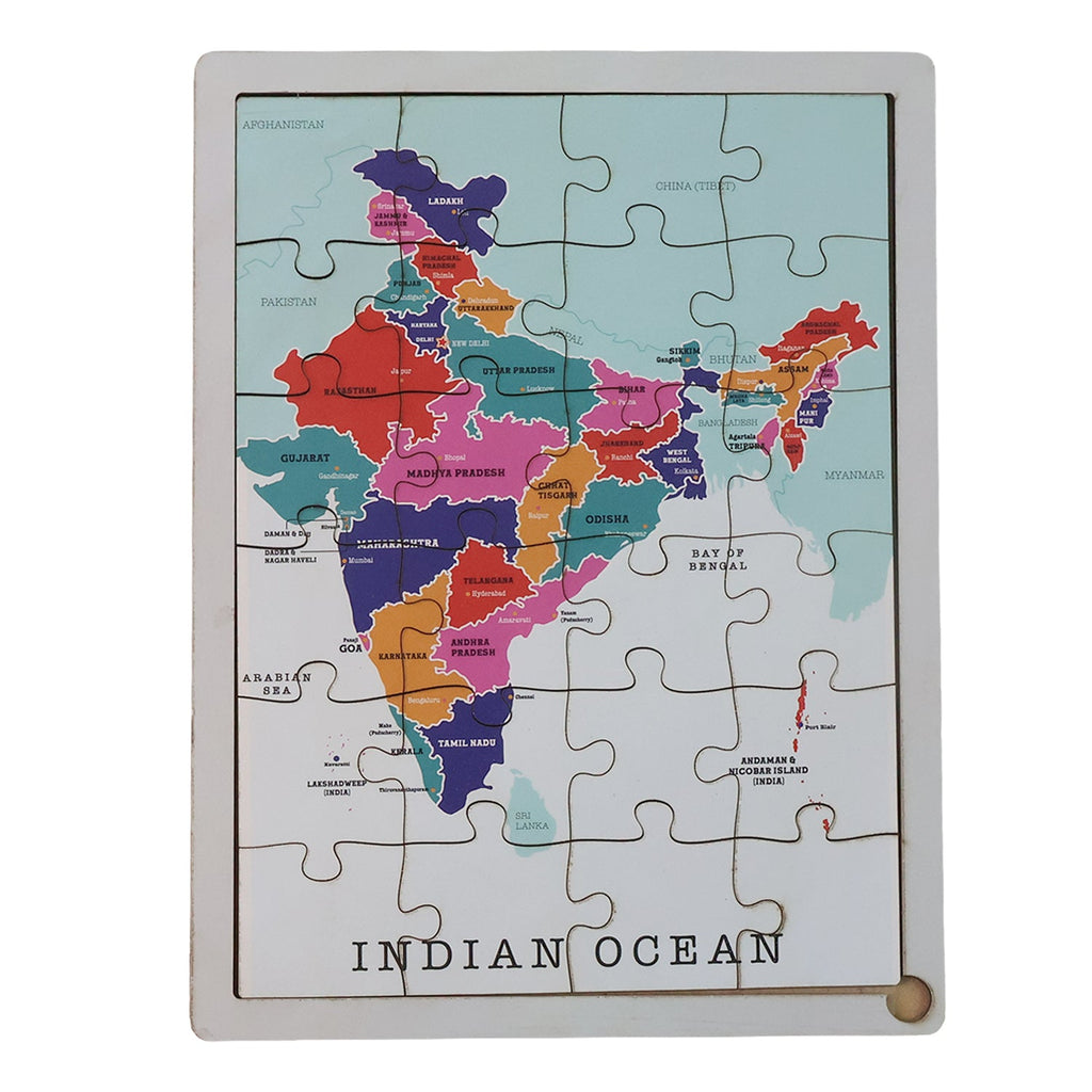 Angled view of the brightly colored wooden India map puzzle for young learners.