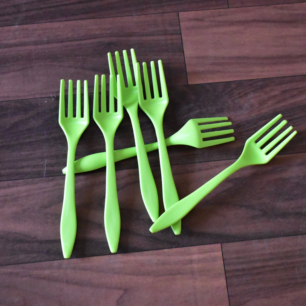 Versatile 6-piece plastic serving fork set, suitable for various foods.