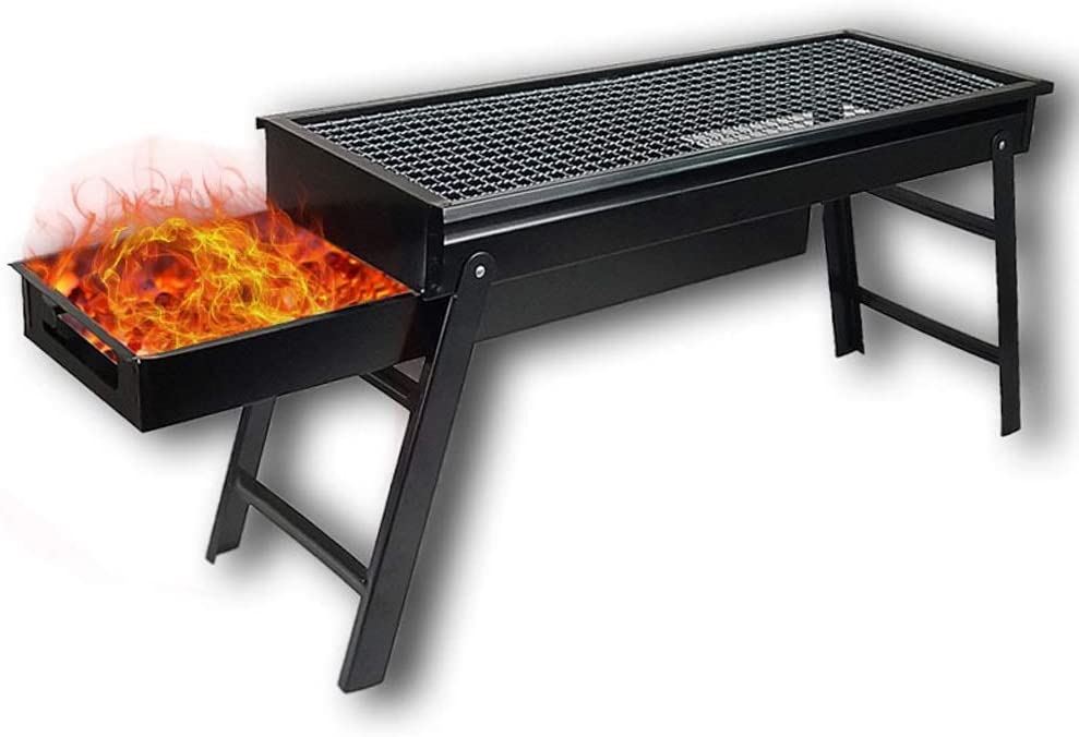 Side view of the FirePot portable charcoal BBQ grill, emphasizing its stable triangular support.