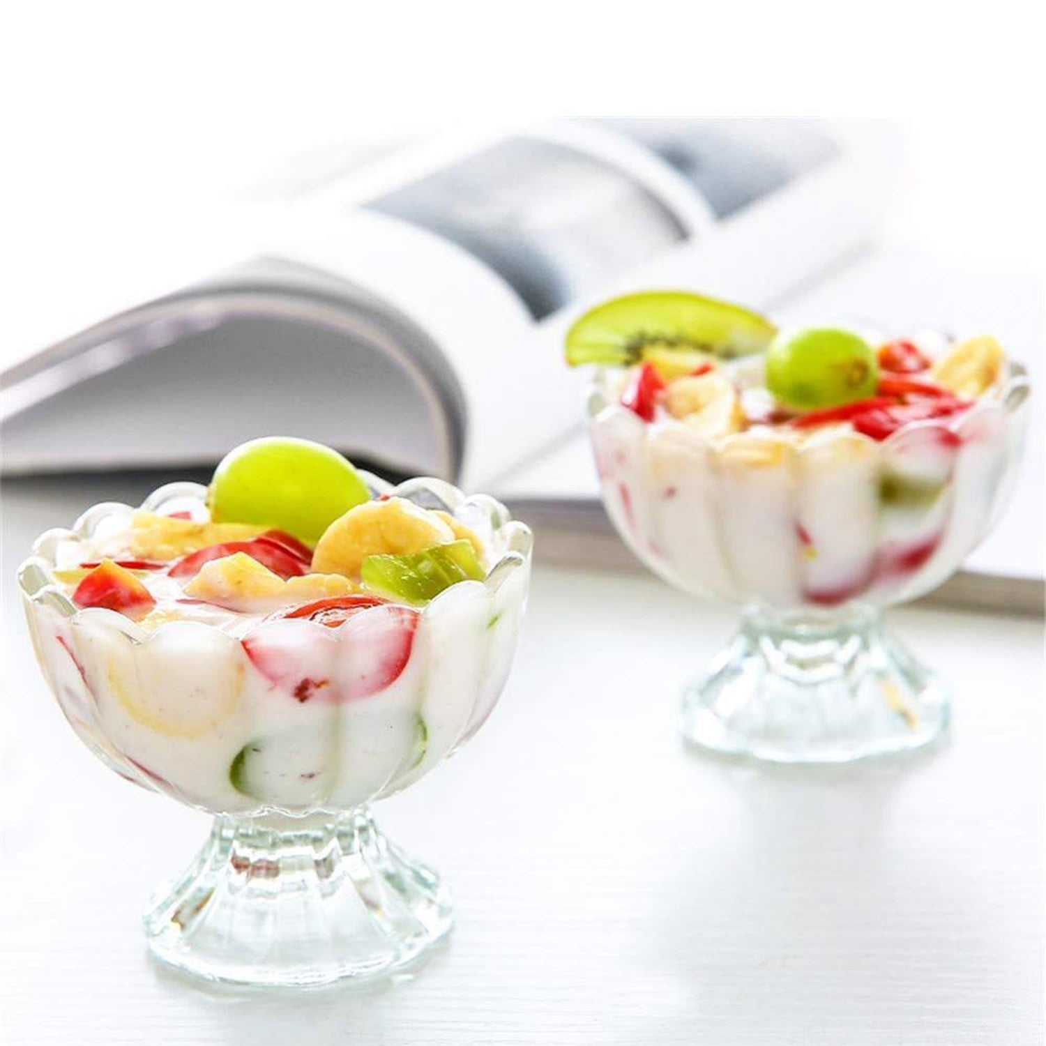 Elegant dessert bowl set of six on a dining table, ready for serving.