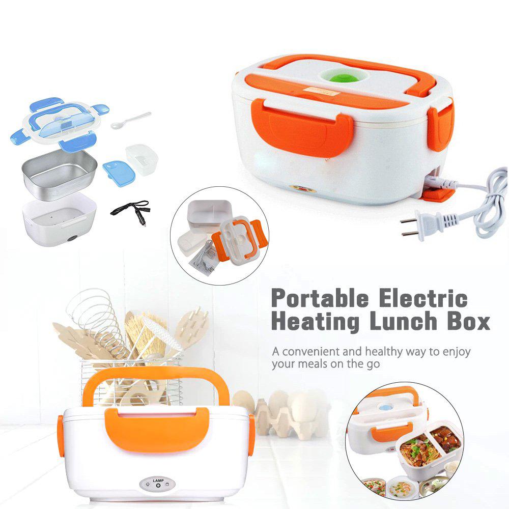 User holding a portable Electric Lunch Box, demonstrating its ease of transport.