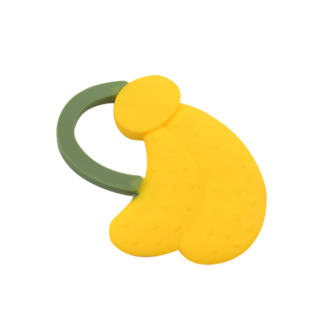 Detailed shot of the teether's textured surface, designed to gently massage sore gums.
