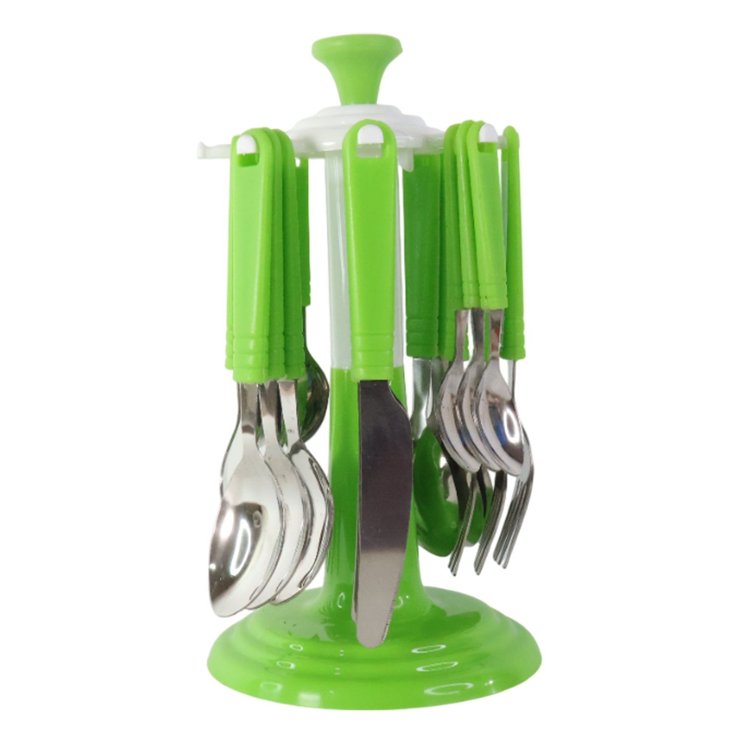 Rotating stand holding organized stainless steel cutlery set