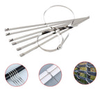 Rustproof metal zip tie demonstrating its flexibility and strength for various applications.