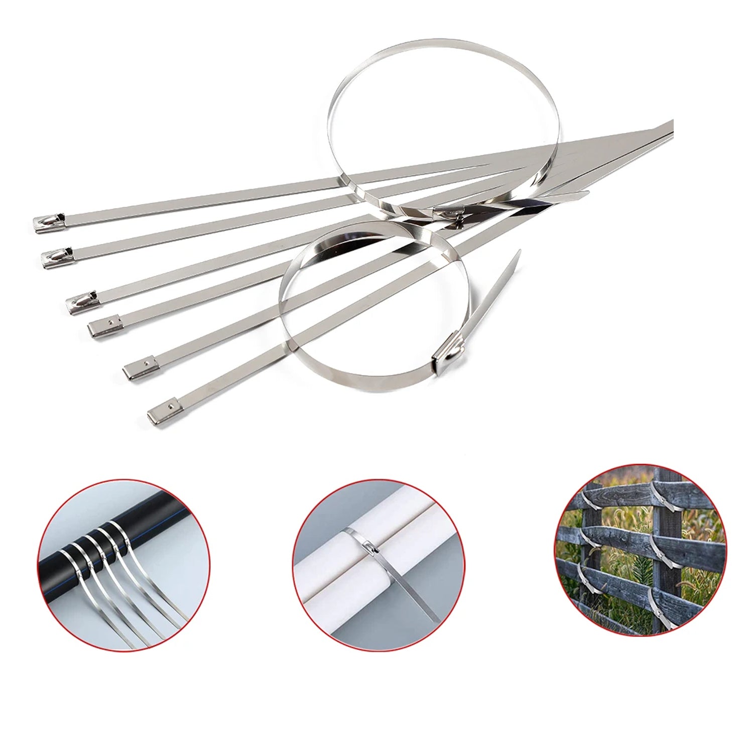 Rustproof metal zip tie demonstrating its flexibility and strength for various applications.