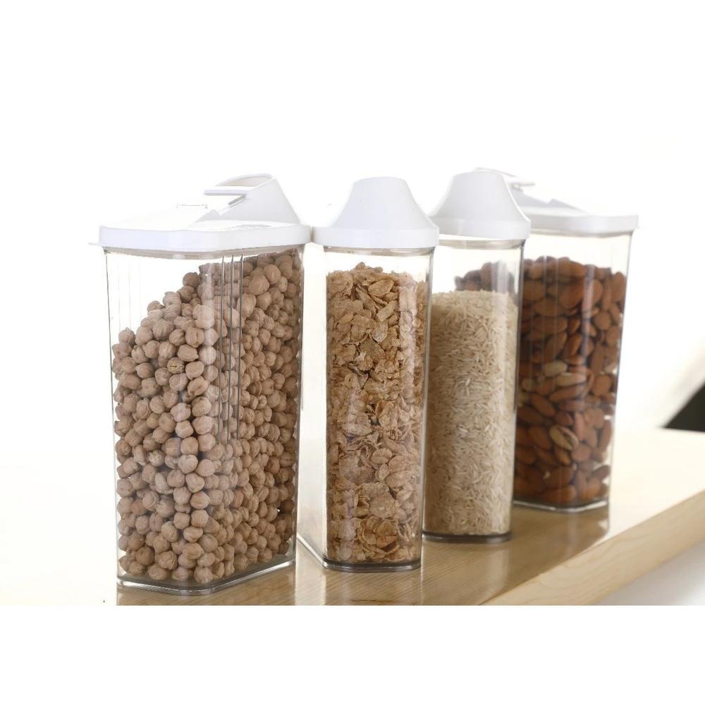 Easy flow storage jars with screw-on lids, perfect for cereals and grains.