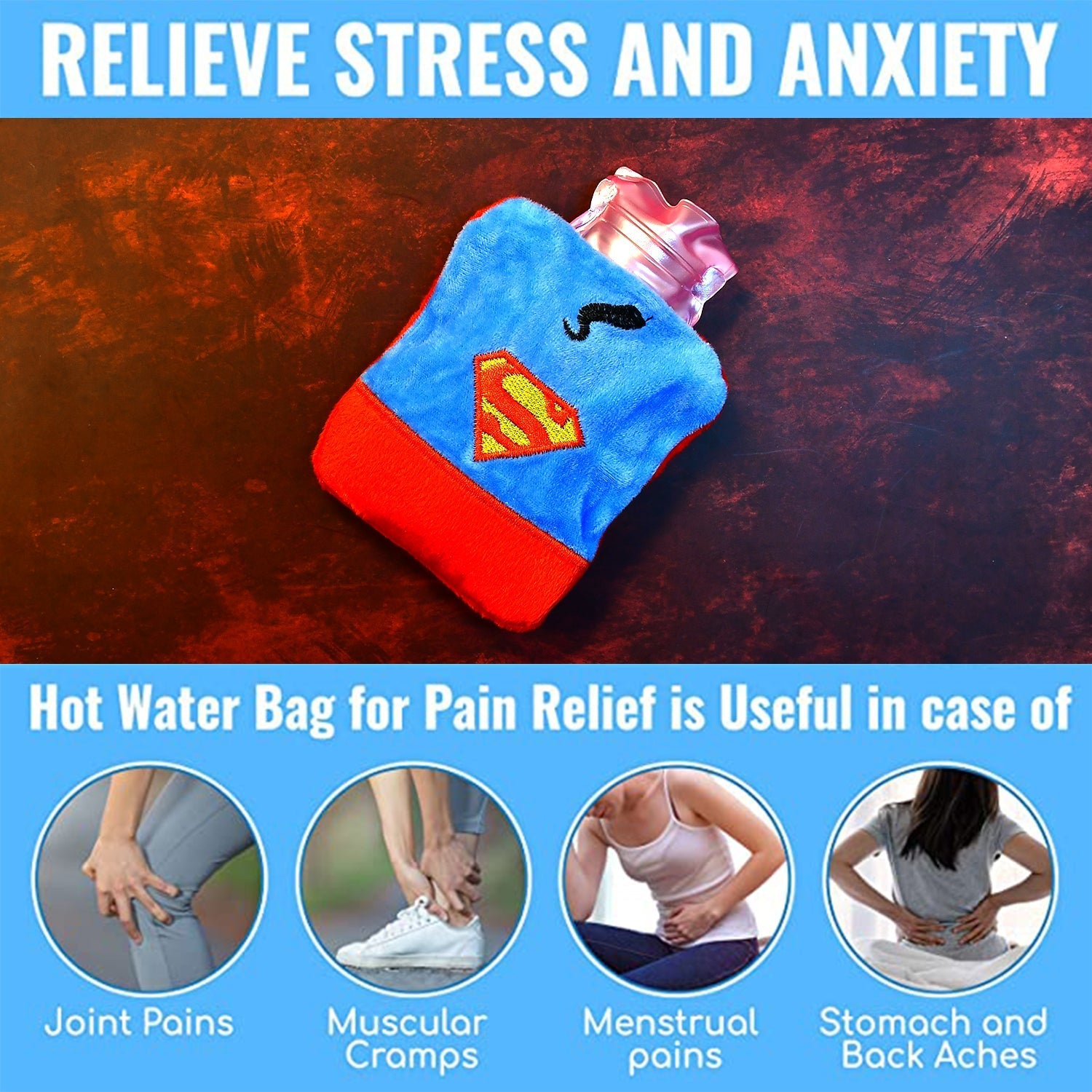 Hot water bag applied to the abdomen, providing comfort for menstrual cramps.