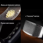 The sleek, ergonomic design of the Quickslice stainless steel garlic press for easy handling.