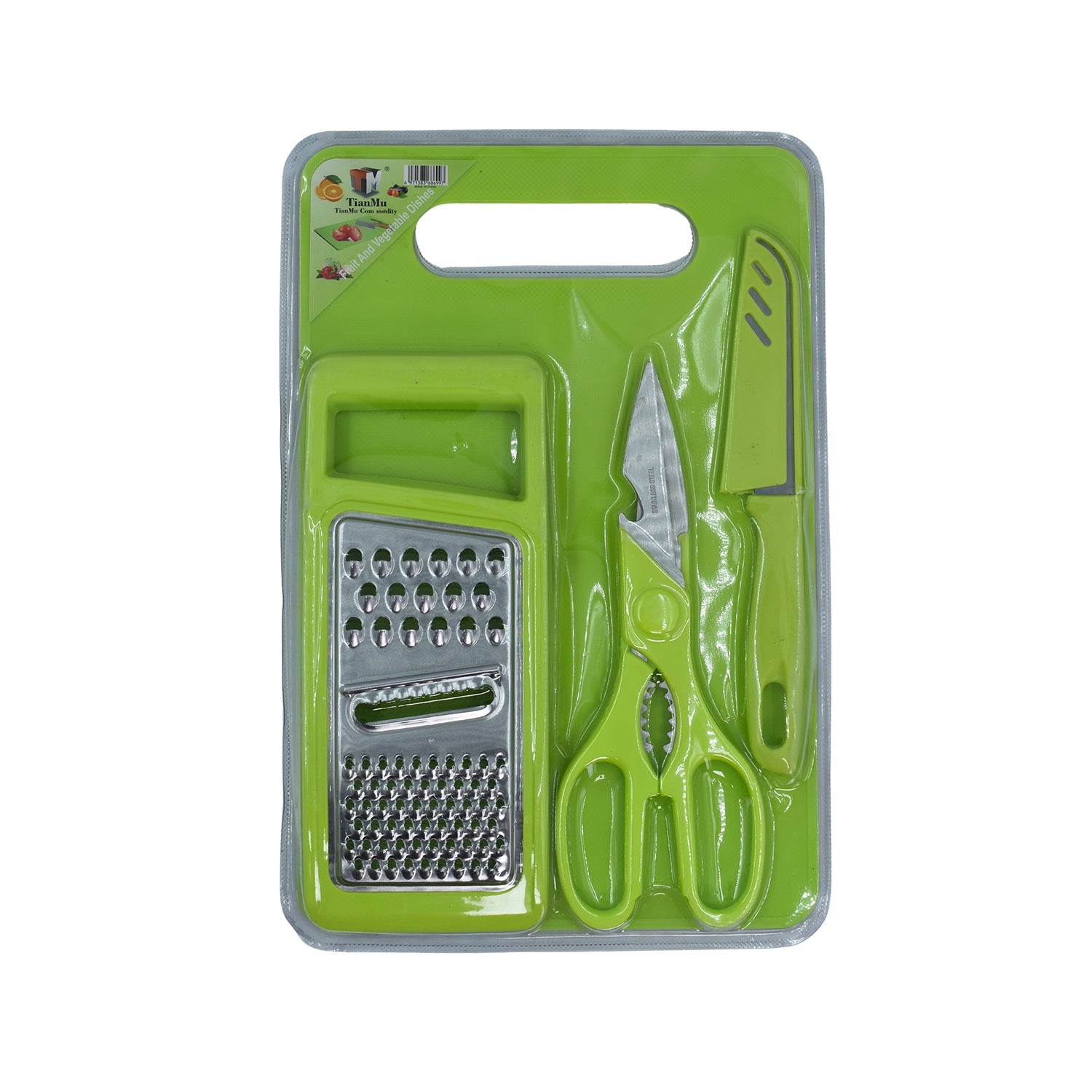 All-in-one kitchen set including a plastic chopping board, knife, and scissors.