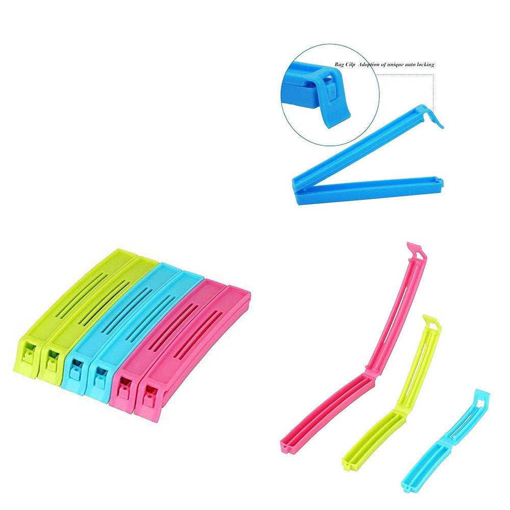 Set of 18 durable food sealing clips in various vibrant colours.