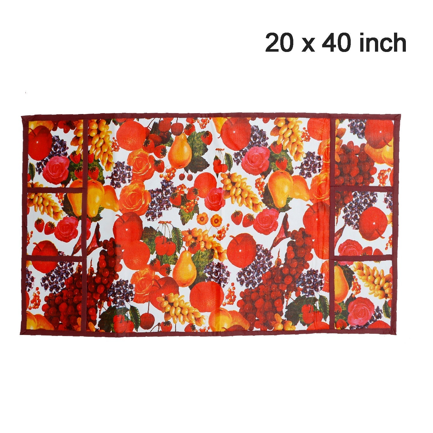 White and maroon fridge top cover adorned with a decorative fruit pattern.