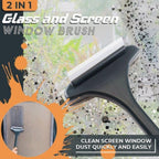 Extended handle of the glass cleaning tool reaching high window areas for comprehensive cleaning.