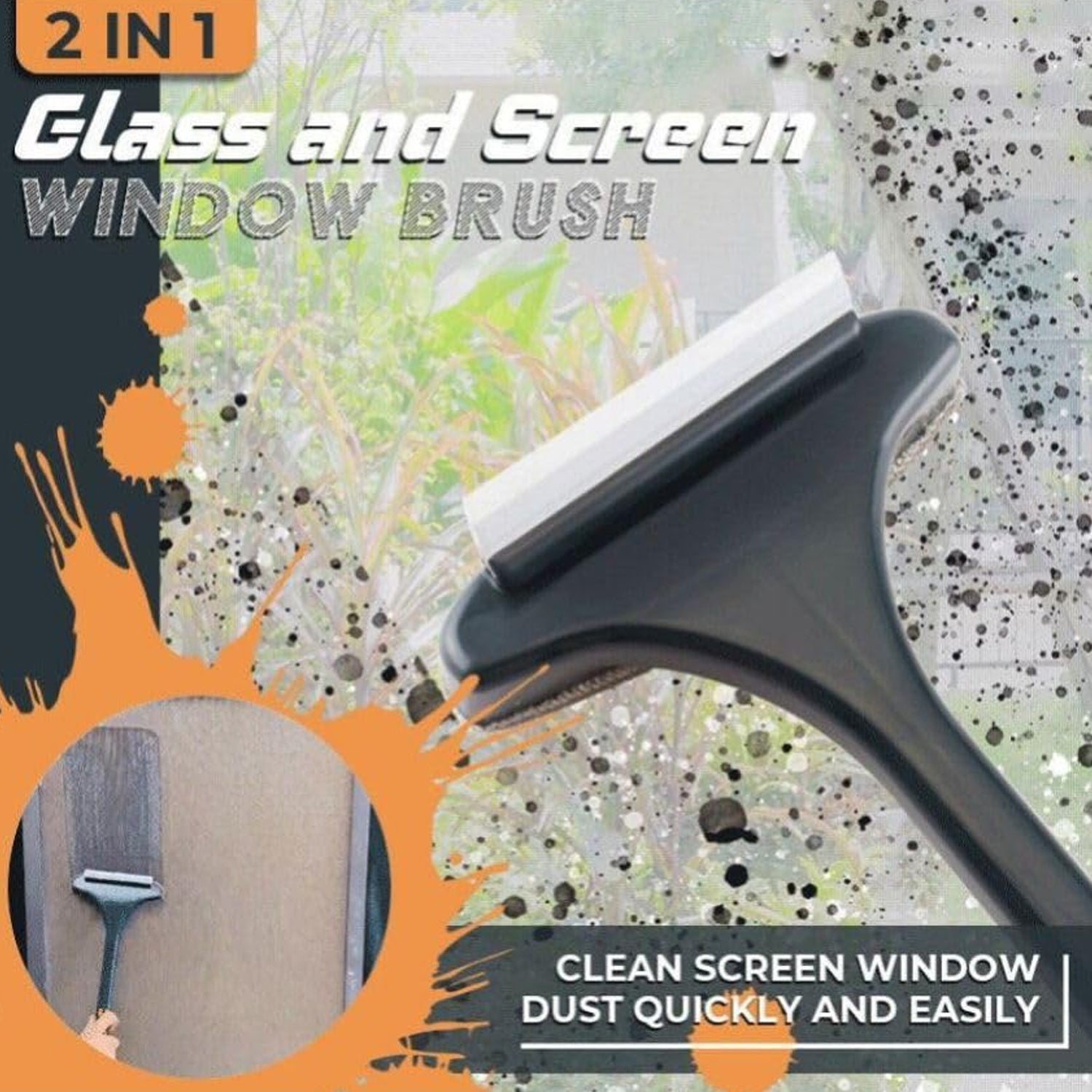 Extended handle of the glass cleaning tool reaching high window areas for comprehensive cleaning.