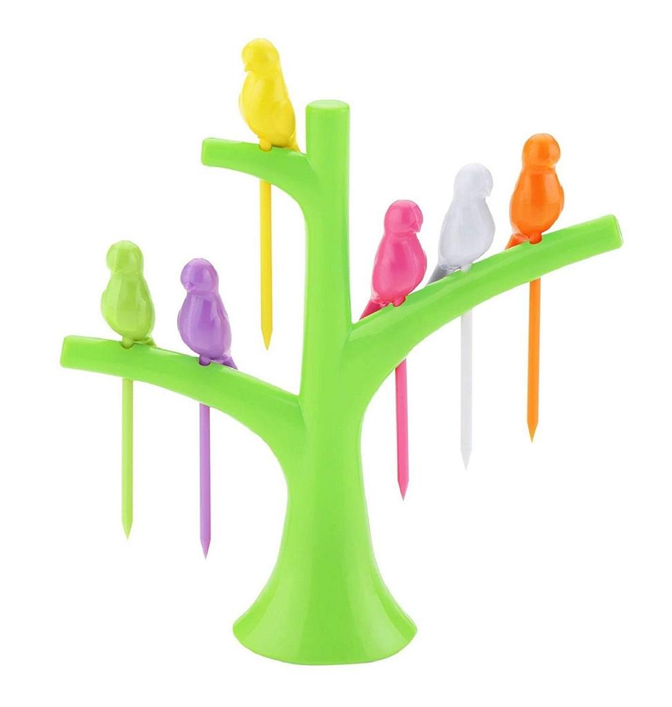 Assorted bird fruit forks displayed in their tree holder, adding fun to table decor.