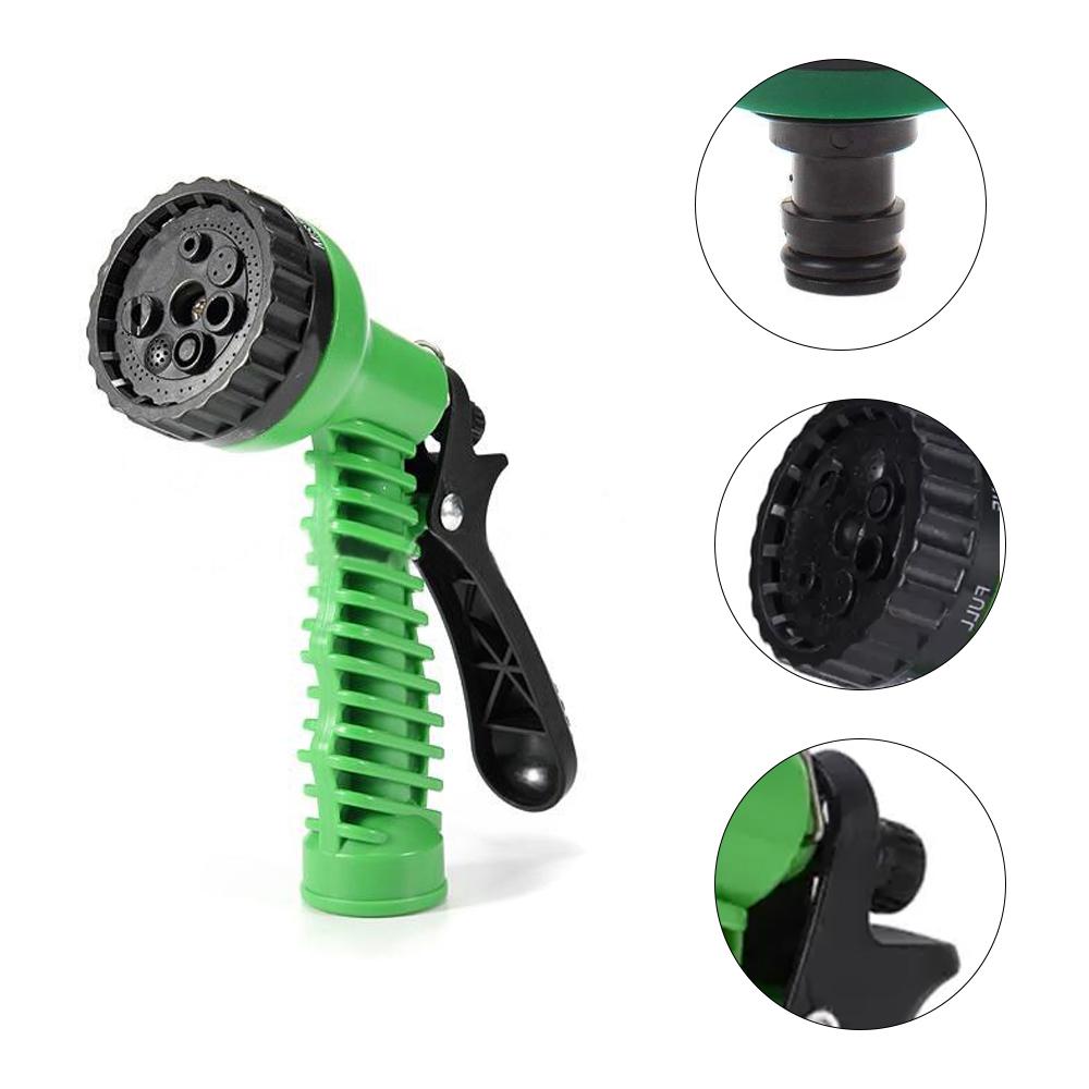 Plastic garden hose nozzle set ready for various watering tasks.