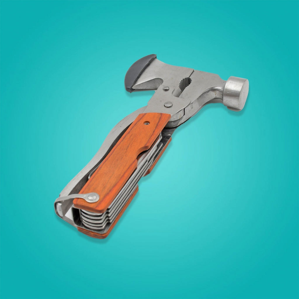 The all-in-one hammer multitool with its carrying pouch, ideal for camping and daily use.