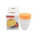 Set of four transparent plastic pudding molds with lids, ready for dessert preparation.