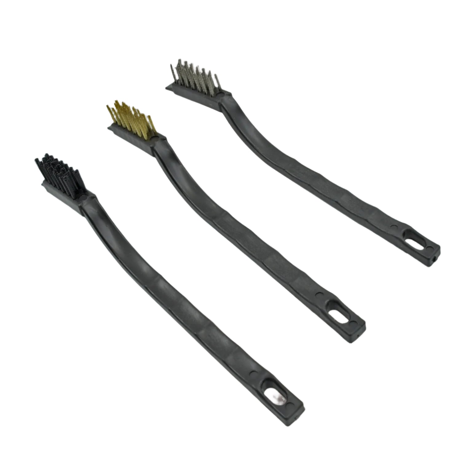 Brass wire brush designed for gentle cleaning of unfinished metal parts and stubborn grime.