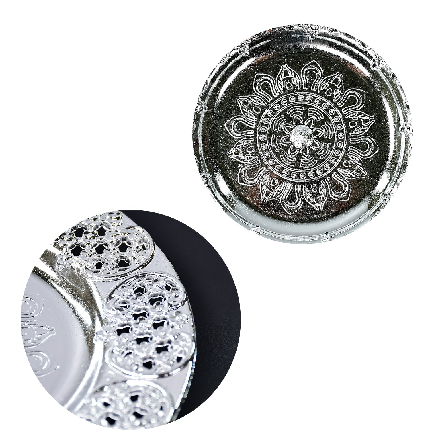 Durable plastic Pooja Thali in silver color for home decor and worship.