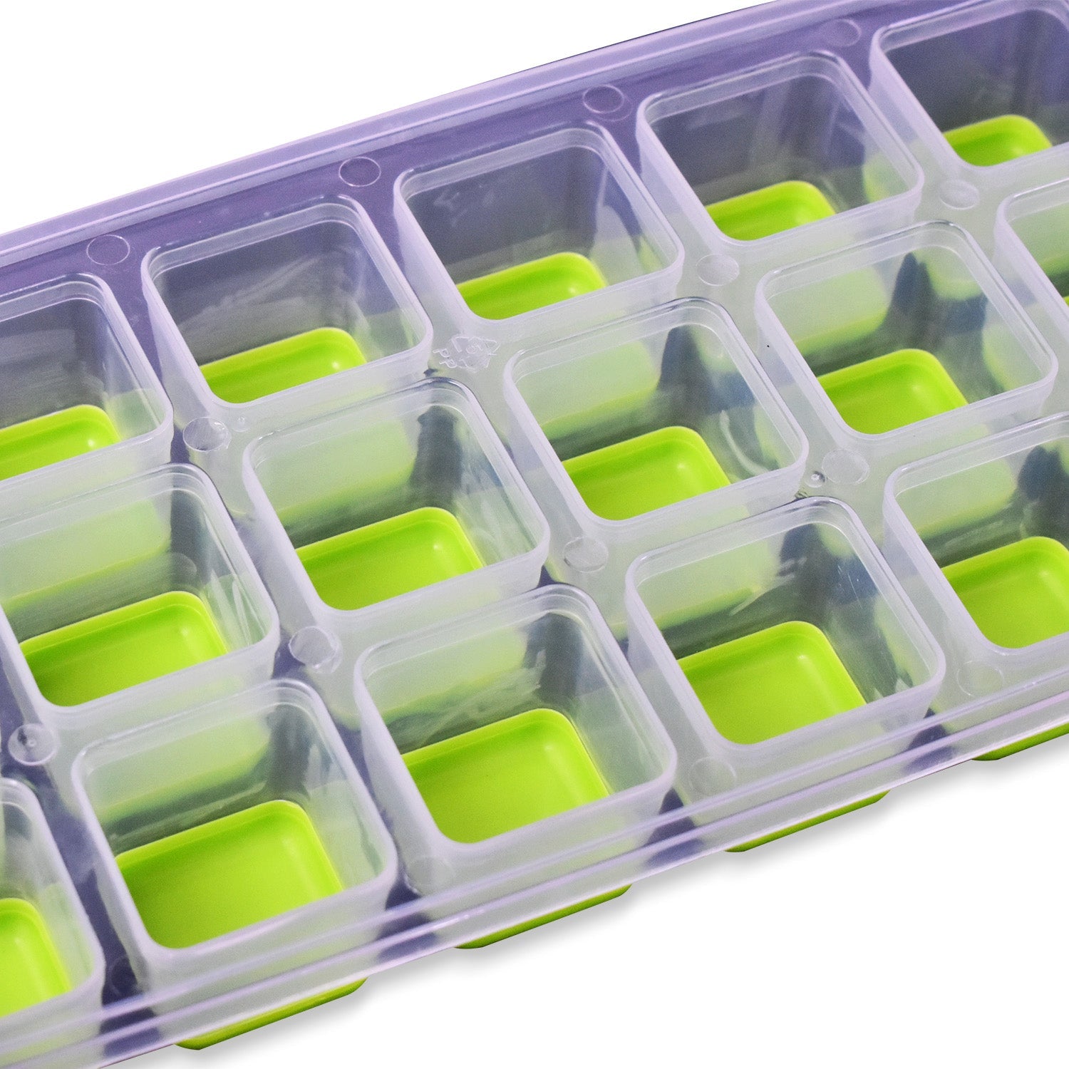 The silicone ice cube tray filled with perfectly formed ice cubes, ready for drinks.
