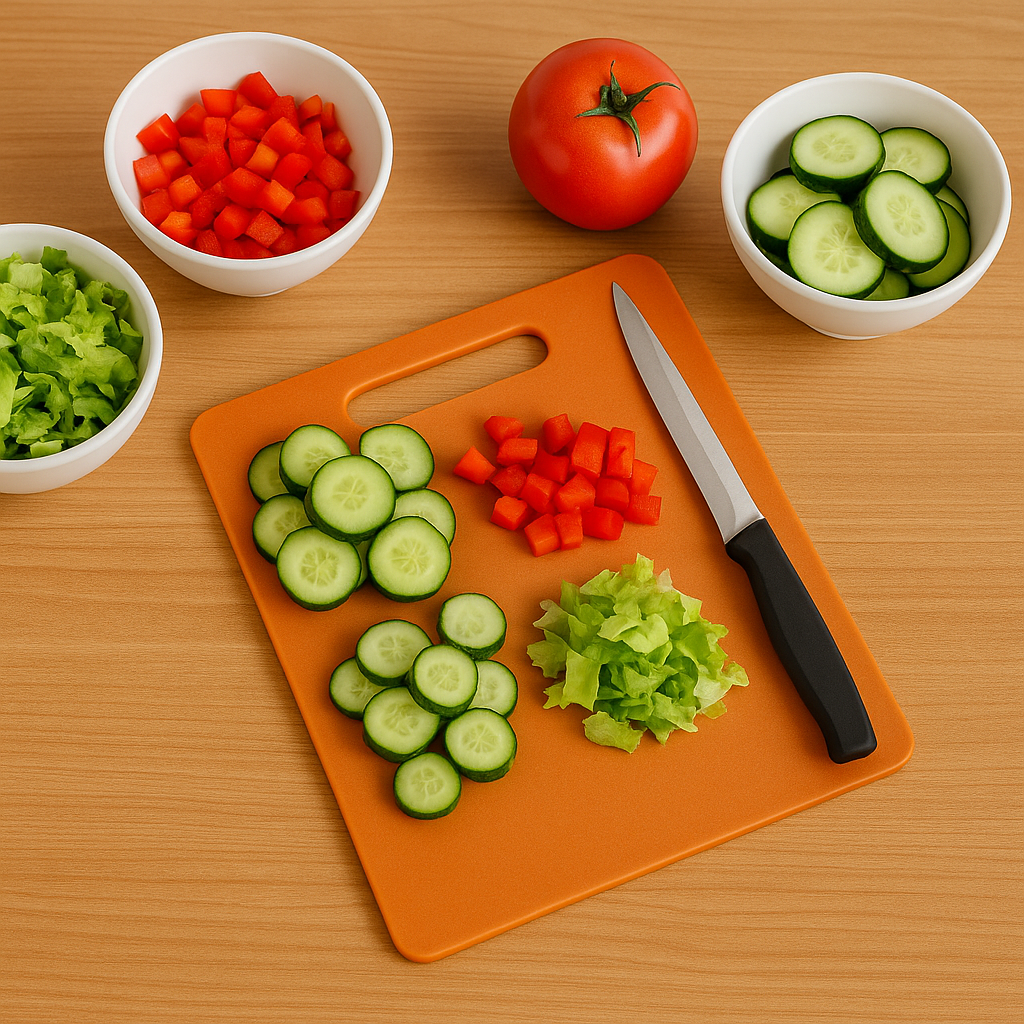 Sharp stainless steel blade knife alongside plastic chopping board in kitchen set